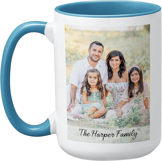 Let's Make Memories Personalized Photo Mug - Custom Coffee Mug - Your Photo & Text - For Any Occasion - Birthday - For Him - For Her - For Friend - Couples -15oz- Light Blue Handle