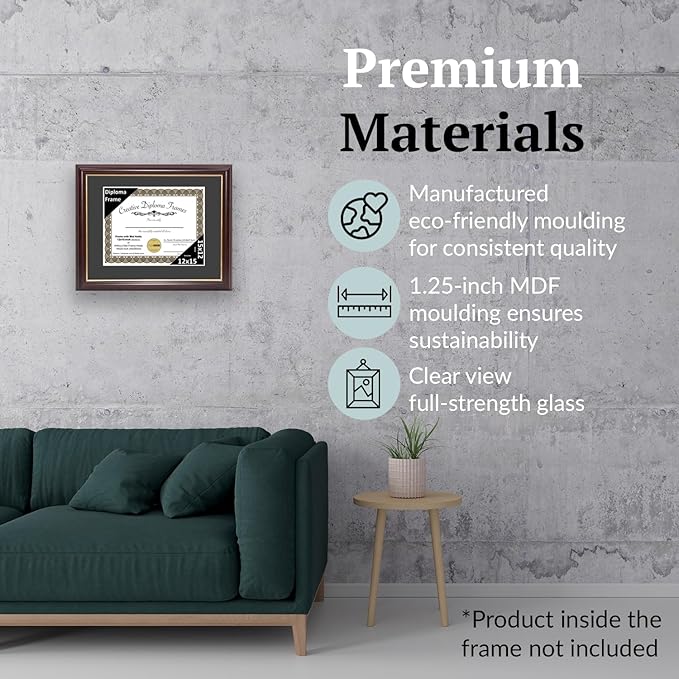 Creative Picture Frames 12x15 Mahogany Gold Rim Diploma Frame with Black Mat Glass and Installed Wall Hangers | Frame Holds 16x20 Media without Mat