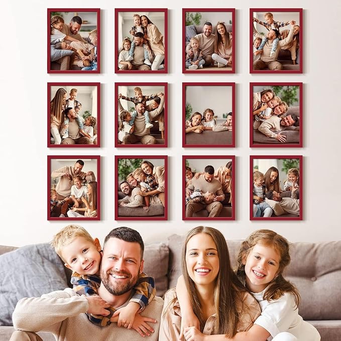 Renditions Gallery Set of 12, 11X14 Custom Photo Prints with Real Wood Picture Frames. Create Personalized Photos with Peel & Stick Photo Frames. Red Frame