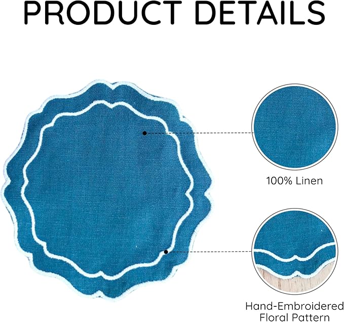 Drink Coasters Set of 6, 6x6 inch, Absorbent Linen Drink Mats with Scalloped Edge, Reusable Handmade Coffee Coasters for Home Decor & Tabletop Protection & Gift Giving (Peacock)