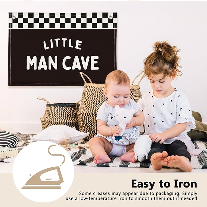 Little Man Cave Black and White Checkered Boys Room Decor - Linen Banner Wall Hanging Canvas Banner Flag Decor for Nursery Toddler Boys Bedroom Playroom
