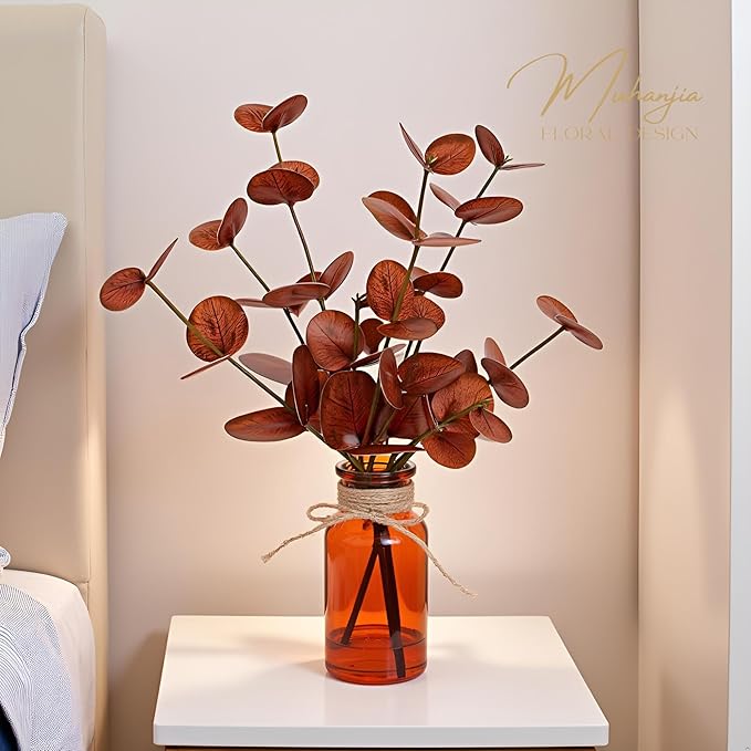 Muhanjia Artificial Eucalyptus Stems in Amber Glass Vase with Faux Water,3Pcs Fake Plant with Double-Sided Terracotta Leaves for Centerpiece (Double-Sided Terracotta Eucalyptus)