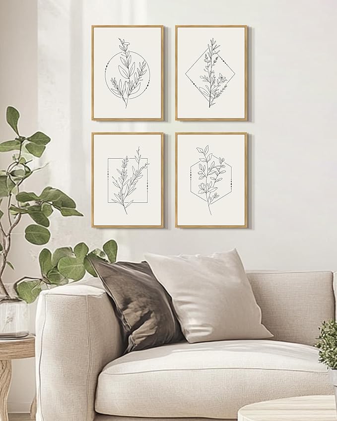 Drsoum Botanical Flower Boho Framed Wall Art Wooded Minimalist Aesthetic Floral Prints Farmhouse Retro Plants Rustic Bathroom Kitchen Home Decor Ready to Hang 11x14inx4pcs (Natural Framed)