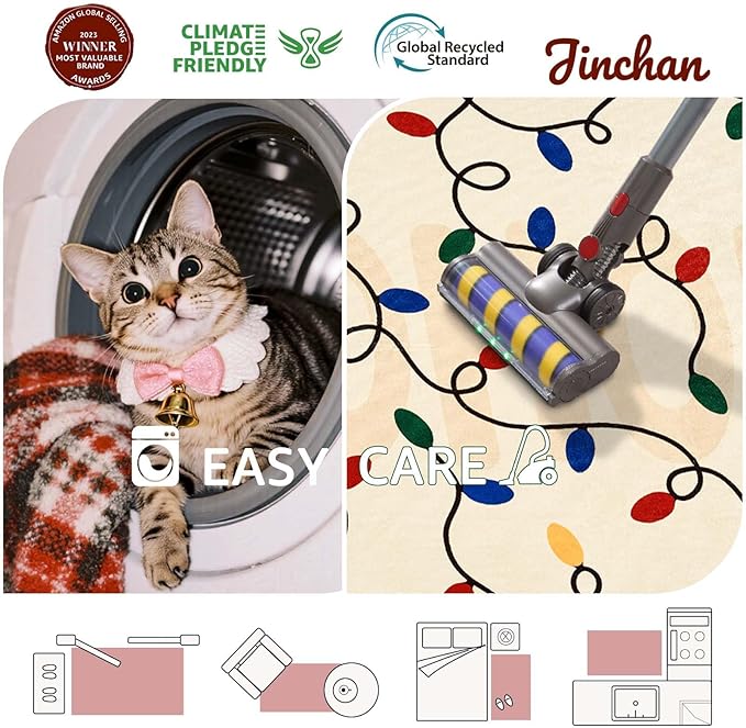 jinchan Jingle Lights Christmas Rug 3x5 for Entryway Kitchen Beige Holiday Rug for Bedroom Colored String Lights Printed Xmas Decor for Living Room Bathroom Washable Non Slip Decorative Floor Carpet