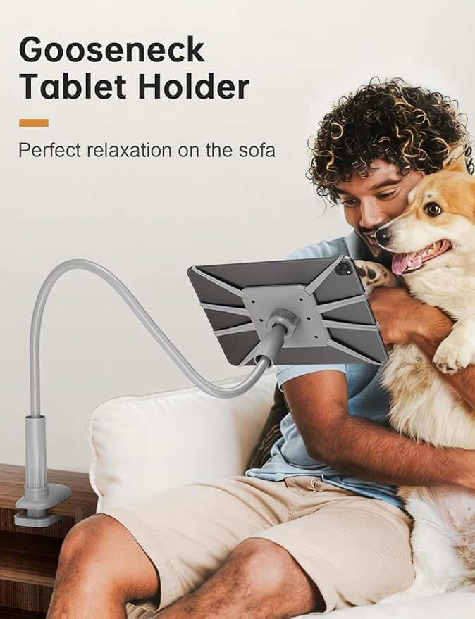 Gooseneck Tablet Holder for Bed, Adjustable Flexible Ipad Holder Stand, Kindle Stand for Reading in Bed, Compatible with Fire HD, Ipad, Galaxy Tabs, Kindle, Switch, Tablet or Other 7"-12.9" Devices