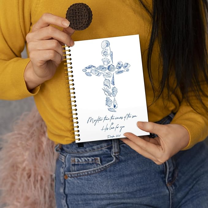 Retro Blue Seashell Cross Christian Notebook, Psalm 93:4 Bible Verse Journal, Prayer Journal for Women Men, Church Notes Notebook, Beach Ocean Hardcover Spiral Notebooks, 5.5x8.3 Inch