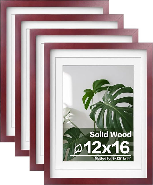 Egofine 12x16 Picture Frames with Plexiglass, Display Pictures 9x12/11x14 with Mat or 12x16 Without Mat Set of 4 for Wall Mounting,Cherry Red