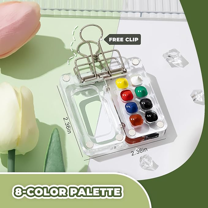 Mini Portable Watercolor Palette Set-Grid Paint Box with Binder Clips Include 12 Colors Paint - Brush*3 and Picture Album Art Materials Coloring Markers (Blue Wood-S)