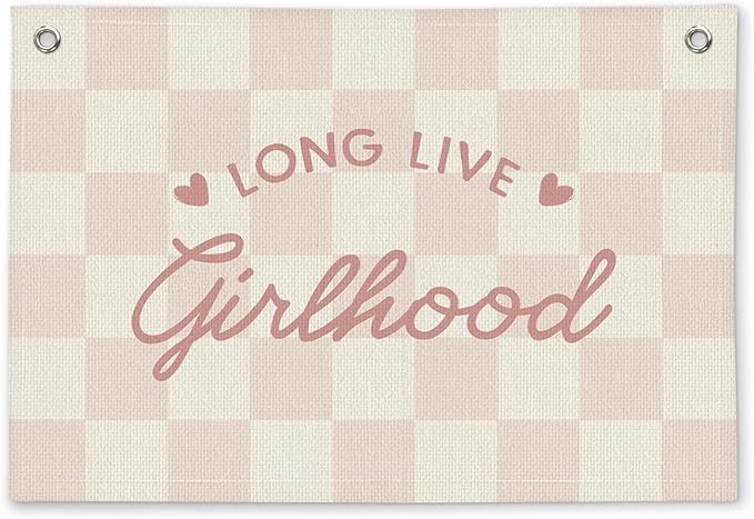 Long Live Girlhood Preppy Pink Checkered Girls Room Decor - Linen Banner Wall Hanging Canvas Banner Flag Decor for Girly Nursery Toddler Playroom Bedroom Dorm Apartment
