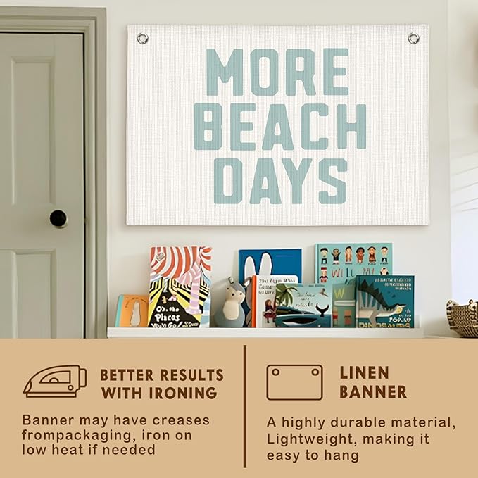 Lacama Beach Theme Wall Decor for Boys Room, Coastal Kids Playroom Nursery Hanging Sign, More Beach Days Linen Canvas Banner, Rustic Nautical Surf 20x30 Inch