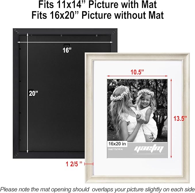 Yaetm 16x20 Picture Frame Matted to 11x14 Set of 4, 1.4" Wide Molding & Rustic White 16x20 Frames for Wall Gallery, Wall Mounting (4 pack, White)
