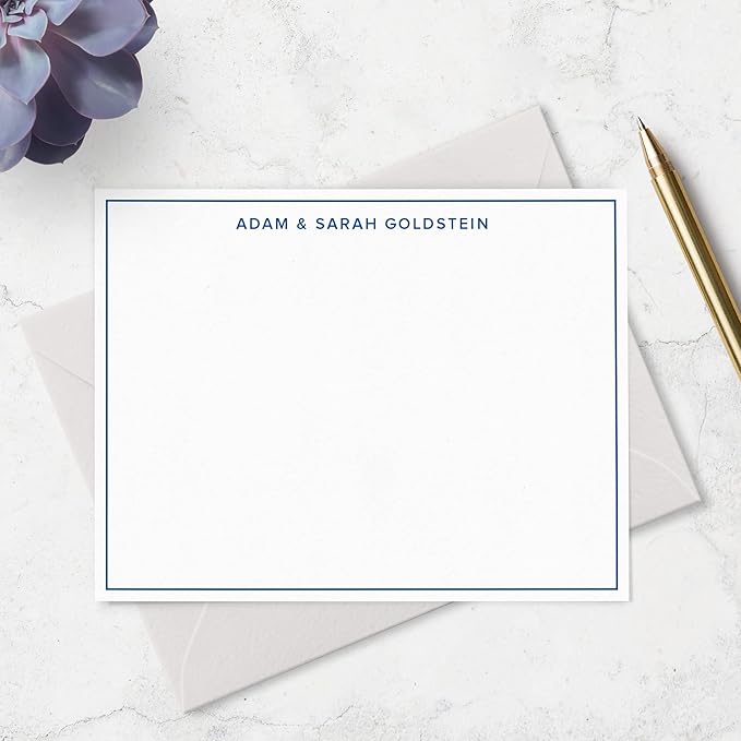 Personalized Note Cards Stationery for Men with Name and Border - Custom Stationary Set with Envelopes - Flat A2 Custom Notecards, Choose Your Colors and Set Size (Single Border)