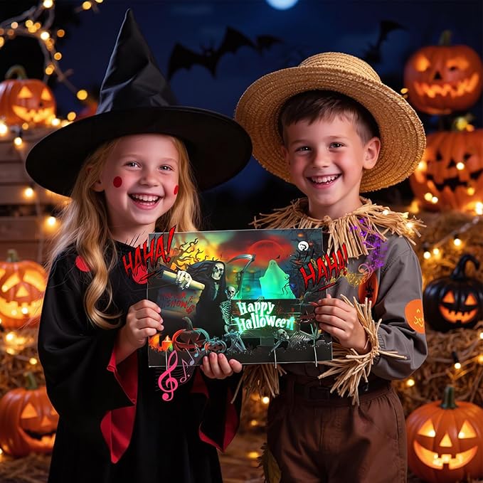 Halloween Cards, Happy Halloween Greeting Card, 3D Popup Card with Light and Music, Horror Skull, Pumpkin, Holiday Gift Card for Husband Wife Mom Men Women