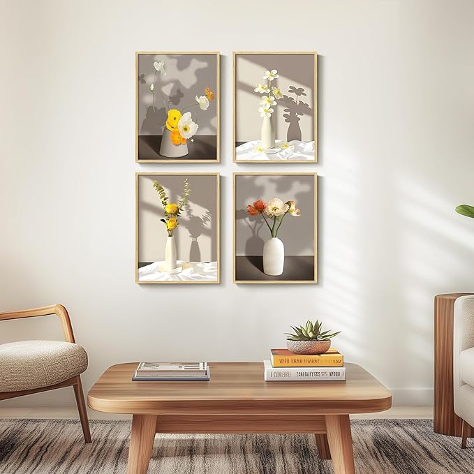 Framed Botanical Wall Art, 4 Piece Yellow Floral Canvas Painting Prints Artwork for Walls, Modern Elegant Flower Pictures for Bedroom Kitchen Hallway Living Room Bathroom Home Decor, 12x16 Inch
