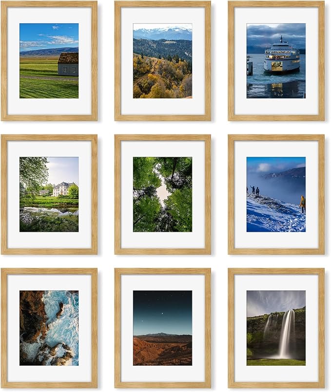 11x14 Picture Frame Set of 9, Photo Gallery Wall Frame Set, Display Pictures 8x10 with Mat or 11 x 14 Without Mat, Multi Photo Frames for Wall Mounting or Table Top Display, Natural Oak
