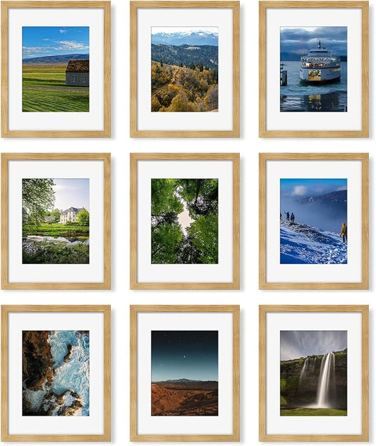 11x14 Picture Frame Set of 9, Photo Gallery Wall Frame Set, Display Pictures 8x10 with Mat or 11 x 14 Without Mat, Multi Photo Frames for Wall Mounting or Table Top Display, Natural Oak