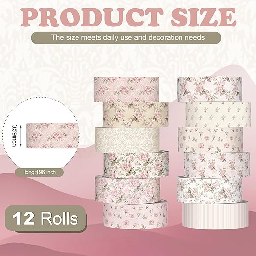 12 Rolls Watercolor Floral Washi Tape Set 15 mm Vintage Dusty Pink Decorative Masking Tape for Arts DIY Craft Scrapbook Envelope Party Supplies Gift Wrapping