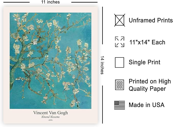 Monem Art Vintage Van Gogh Poster - Retro Almond Blossoms Print - Impressionism Art - Fine Art - Classic Painting Art - Flower Art - Floral Bedroom or Office Wall Decor - 11x14 UNFRAMED Wall Art