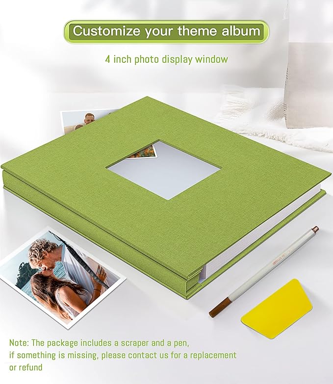 popotop Photo Album Self Adhesive with Picture Display Window,60 Pages DIY Scrapbooking Supplies Kit for 4x6 8x10 Picture,Linen Cover Memory Book for Baby Wedding, with Scraper and Metallic Pen