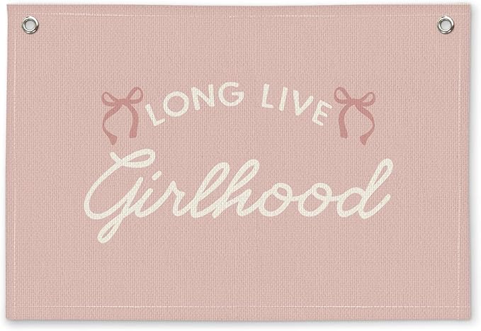 Coquette Pink Bow Long Live Girlhood Preppy Room Decor - Linen Banner Wall Hanging Canvas Banner Flag Decor for Girls Nursery Toddler Playroom Bedroom Dorm Apartment