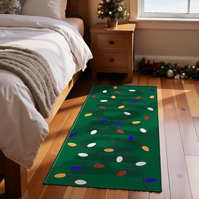jinchan Jingle Lights Christmas Runner Rug 2x5 for Kitchen Green Holiday Rug for Hallway Bathroom Colored String Lights Pattern Xmas Decor Washable Runner for Entryway Laundry Room Bedroom Non-Slip