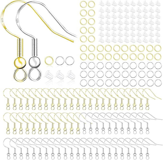 Hypoallergenic Earring Hooks 800 PCS/125 Pairs, Silver Plated Fish Hooks,500pcs Earring Making Kit with Jump Rings and Clear Silicone Earring Backs Stoppers for DIY Jewelry Making