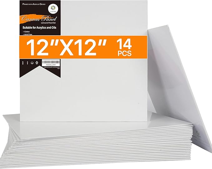 Canvases for Painting 12 x 12 inch, 14 Pack, Blank White Canvas Boards, Primed, 100% Cotton, Quality Acid Free Artist Canvas Panels for Acrylics Watercolor & Oil Painting