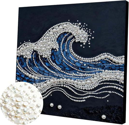 DIY Pearl Painting Kit with Wooden Frame, 3D Plastic Pearl Gemstone Ocean Art Craft for Adults Beginners, Diamond Art Kits for Adults, Home Wall Decor Ready Gift for Women(Waves)(30 * 30cm)