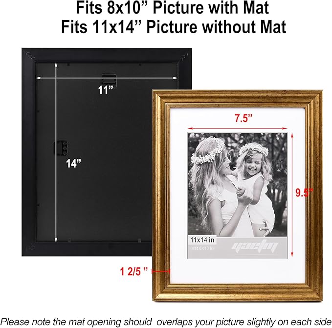 Yaetm 11x14 Gold Picture Frame with Mat for 8x10 Set of 4, 1.4" Wide Molding & Rustic Gold Frame 11 x 14 with Tempered Glass for Wall Gallery, Home and Office, Wall Mount, 4 Pack