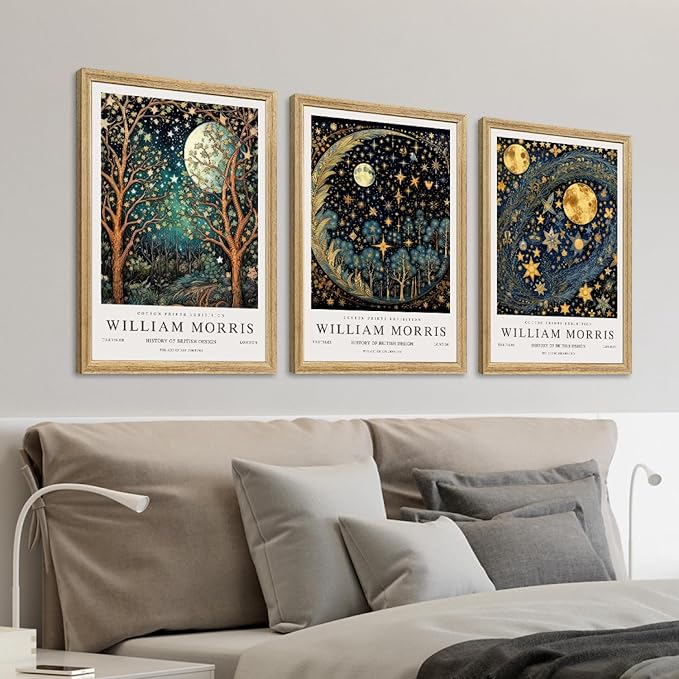 Hianan William Morris Canvas Wall Art, Vintage Gold Moon Stars Poster Prints, Many Dreamlike Stars Wall Decor, Retro Botanical Aesthetic Picture for Bedroom Living Room Office Wood Framed 16"x24"x3