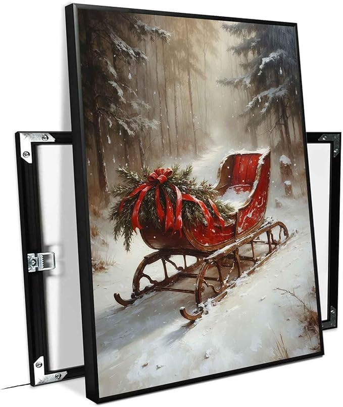Vintage Christmas Canvas Wall Art Holiday Ride Painting Snowy Woodland Print Classic Sleigh Wall Decor Rustic Landscape Poster Indoor Decor for Offices Living Room Winter Holiday Framed Ready to Hang
