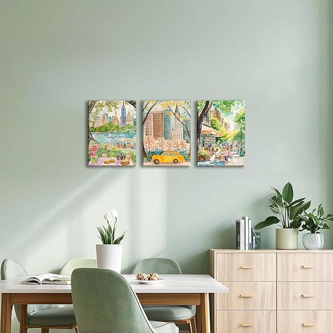 XLARTMY New York City Poster Travel Wall Art Canvas Framed Watercolor NYC Central Park Landmarks Artwork Decor Painting Prints Pictures Set of 3 for Bedroom Living Room Bathroom Office 12x16in