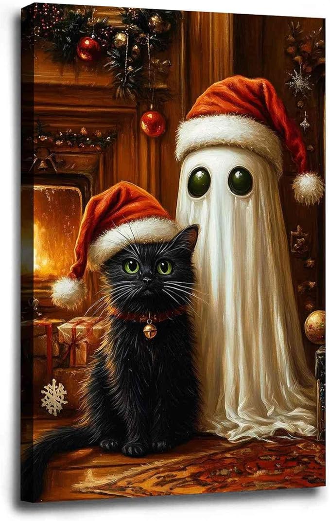 Christmas Pet Canvas Print Ghost and Cat Painting Christmas Cat and Ghost Whimsical Holiday Decor Rural Art print Indoor Decor for Home Living Room Bedroom Pet Lover Bedroom Framed Ready to Hang