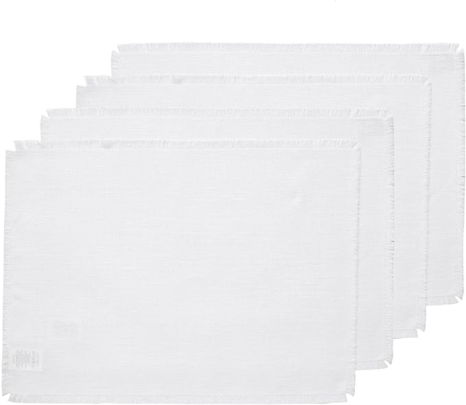 Solino Home Fringe Linen Placemats Set of 4 - White Placemats 14 x 19 Inch - 100% Pure Linen Table Mats for Winter, Valentines, Spring, Easter