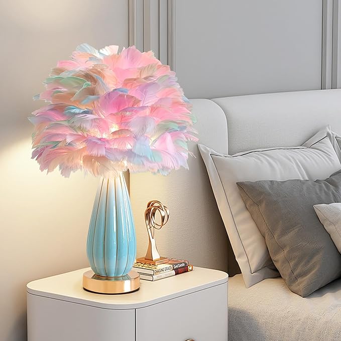 Colorful Feather Lamp Modern Furry Table Lamp Romantic Bedside Lamp Nordic Fluffy Princess Girl Nightstand Light for Bedroom Living Room Entry Office Wedding Decor Christmas Gift Prime
