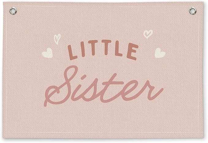 Pink Little Sister Girls Room Decor - Linen Banner Wall Hanging Canvas Banner Flag Decor for Girly Nursery Toddler Playroom Bedroom Dorm Apartment