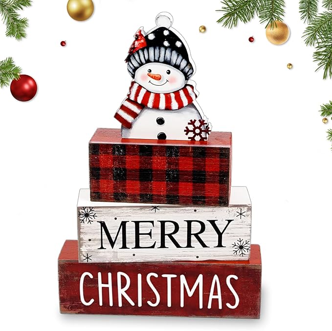 hongbo Christmas Table Decor,Snowman and Buffalo Plaid Wooden Block,Merry Christmas Wood Centerpiece,Winter Xmas Table Sign,Farmhouse Tiered Tray Decor for Home,Party,Shelf,Office and Gifts