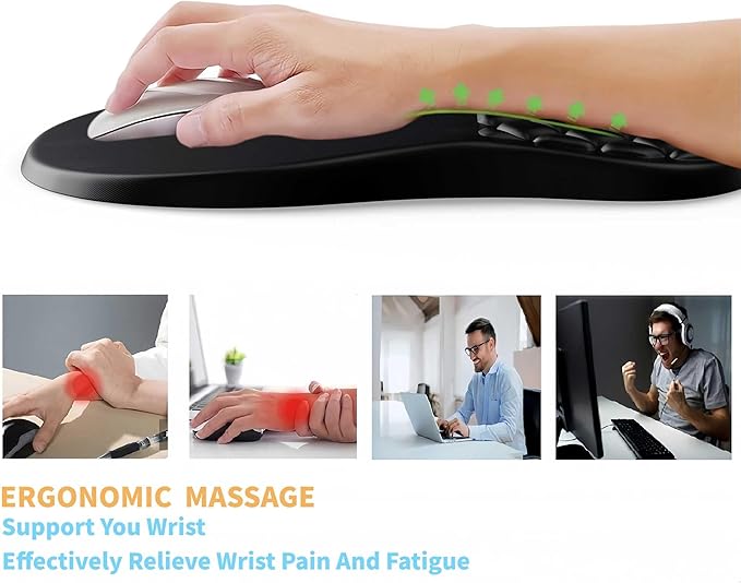Ergonomic Mouse Pad Wrist Support with Massage Design,Classic Black Wrist Pain Relief Mousepad with Memory Foam,Non-Slip PU Base