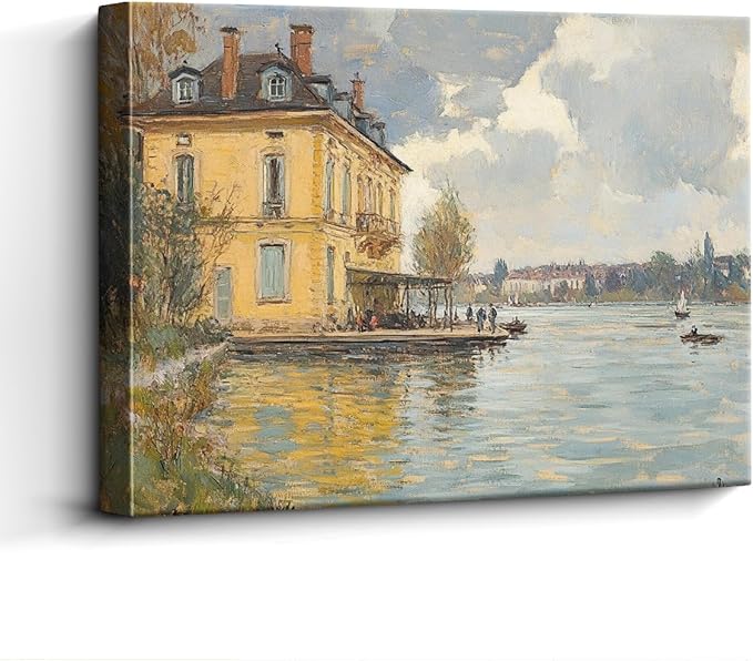 WOXZQ Vintage Riverside House Wall Art – 15x12 Inch European Landscape Print – Classic Waterfront Scene with Yellow Villa – Frameless Laminated Paper, Hanging & Tabletop Display