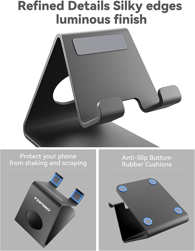 TOPGO Cell Phone Stand for Desk, Device Holder, Cradle, Holder, Metal Phone Stand with Cable Collective for Office Desk, Bedside Table Compatible with iPhone 17 16 Pro Max and All Smart Phones - Black