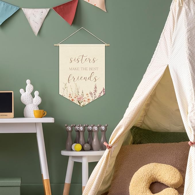 Girls Room Decor, Sisters Make the Best Friends Linen Canvas Banner, Wildflower Nursery Wall Hanging Pennant Flag Banner for Girls Kids Toddler Room Bedroom Dorm Decor, 15x11in
