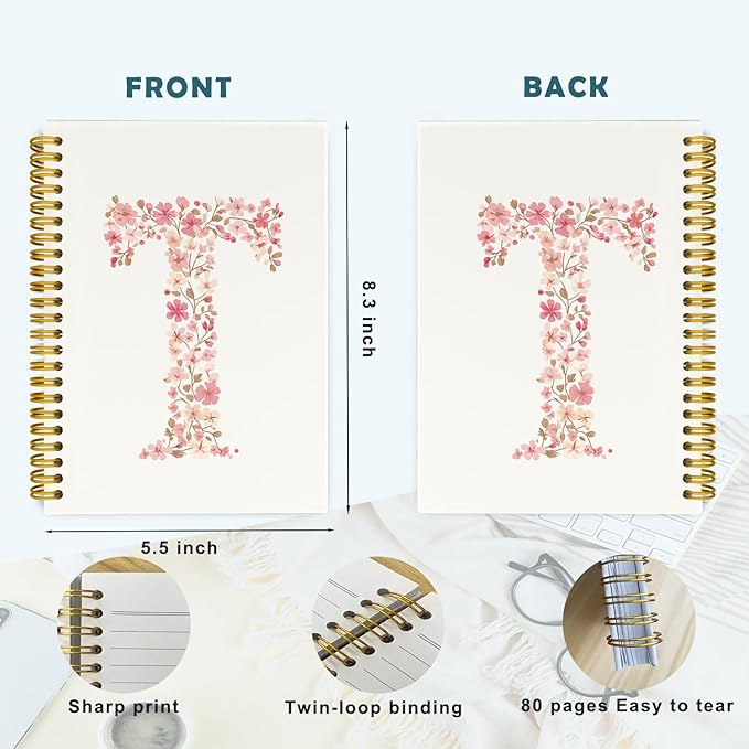 Pink Cute Spiral Notebook Journal, Preppy Floral Initial Letter T Personalized Journaling Notebooks, Monogrammed Gifts for Women Girls, Botanical Hardcover Spiral Lined Notebook 5.5 x 8.3