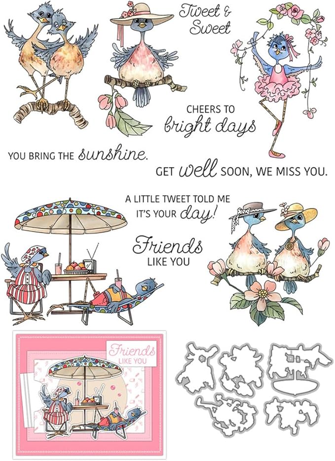 Friendship Birds Afternoon Tea Stamps and Cutting Dies for Card Making DIY Transparent Silicone Clear Stamp and Metal Die Cuts Sets for Scrapbooking Paper Greeting Cards Decor Seals Craft Supplies