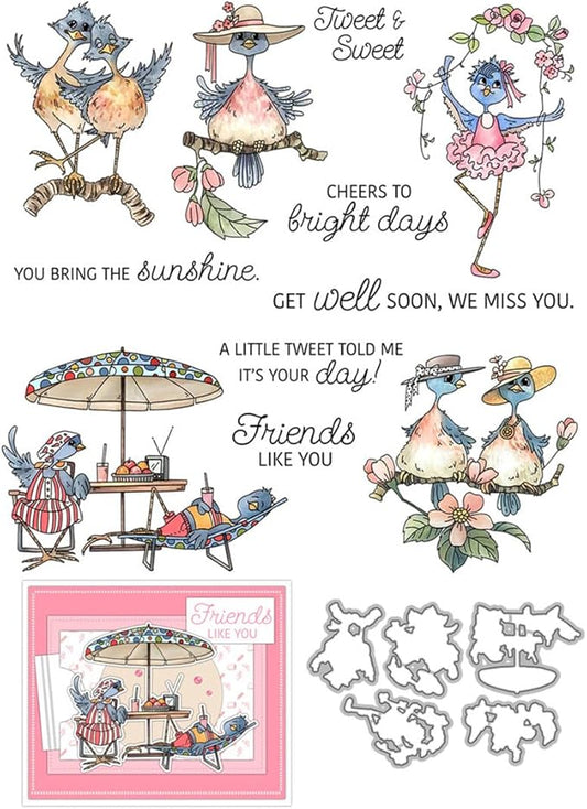 Friendship Birds Afternoon Tea Stamps and Cutting Dies for Card Making DIY Transparent Silicone Clear Stamp and Metal Die Cuts Sets for Scrapbooking Paper Greeting Cards Decor Seals Craft Supplies