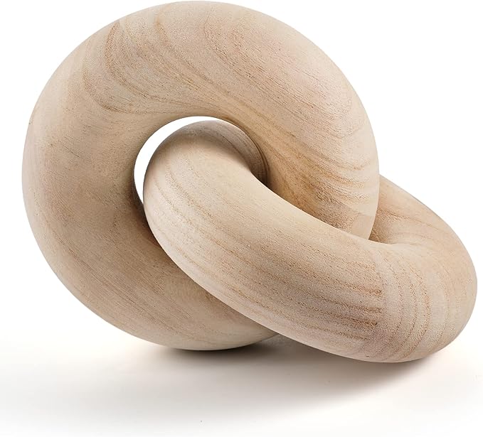 POPRHINO Wood Chain Decor, 2-Link Decorative Chain Hand Carved Boho Wood Knot Decor for Bookshelf Desk Living Room Coffee Table Farmhouse Decorative Ornament (Natural)
