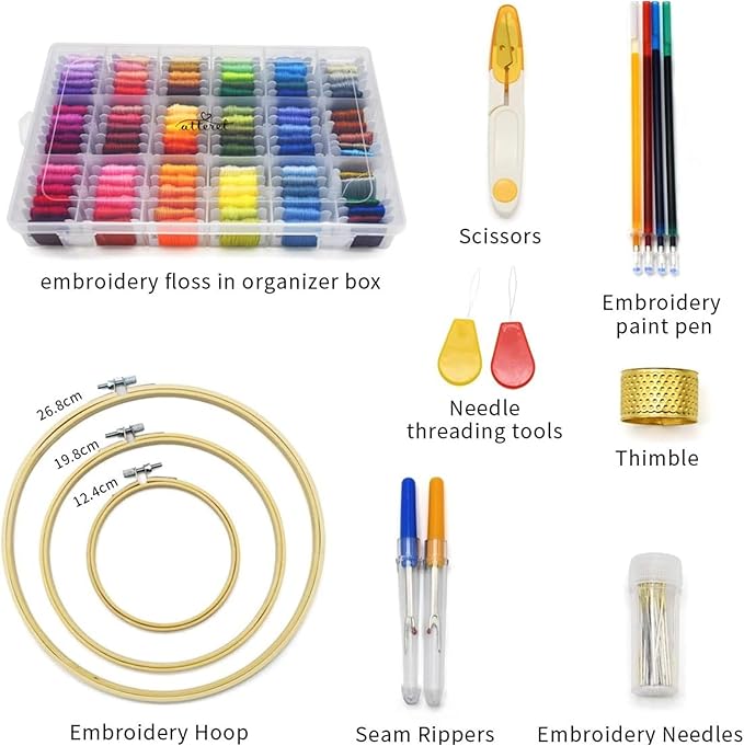 ATTERET Full Range Embroidery and Cross Stitch Starter Kit with Premium Storage Organizer Bag, Includes 99 DMC Coded Cotton Threads, 9 Metallic Floss, 3 Hoops, Needles, Scissors + More (Pink)