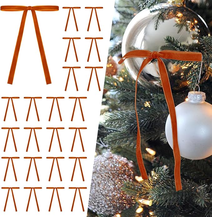 SIMISI RIBBON 24Pcs Orange Christmas Velvet Ribbon Bows Decorations Xmas Ornaments Vintage Decor for Tree, Wreath, Garland (3/8'' Width, 5 * 7 inch)