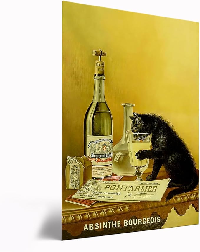 Black Cat Wall Art, Absinthe Print, Vintage Cat Alcohol Poster,Bar Wall Decor, Beverage Print Art, Large Art,Vintage Art For Bar,Vintage Bar Painting Print,Bar Cart Decor12x16 Framed