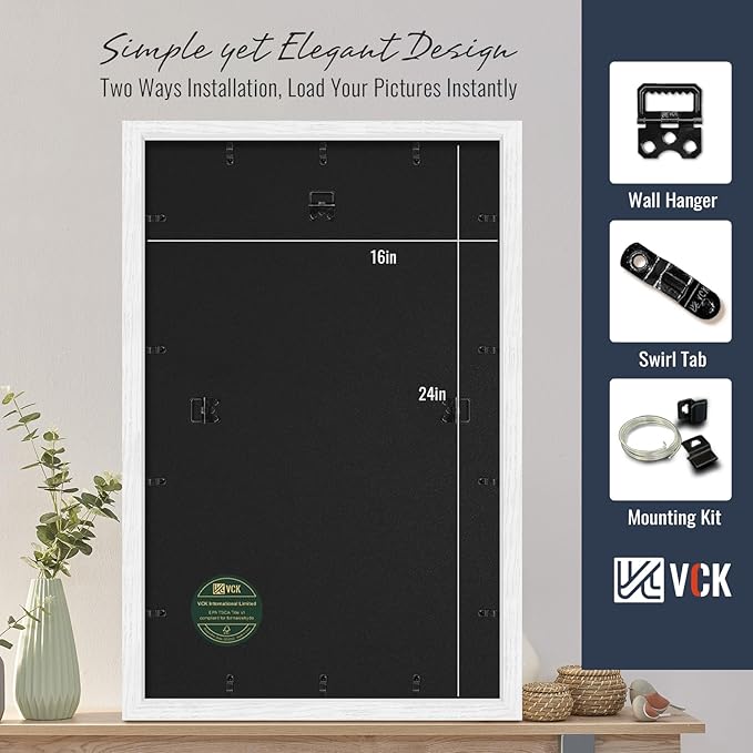 VCK 16x24 Picture Frames White Set of 5, Wide Border Wood, Display 12x18 Photo with Mat or 16 x 24 without, for Home, Office, Gallery, Woodgrain Series, Wall Hanging