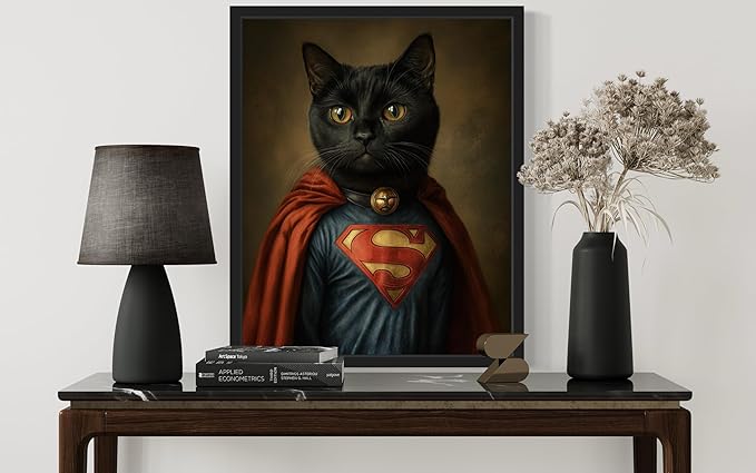 Superhero Art Poster Print, Cat Kitten Painting Humor Portrait Pet Artwork Decor Gallery A8 (Superhero Portrait, 8 x 10 inches, Black Frame)